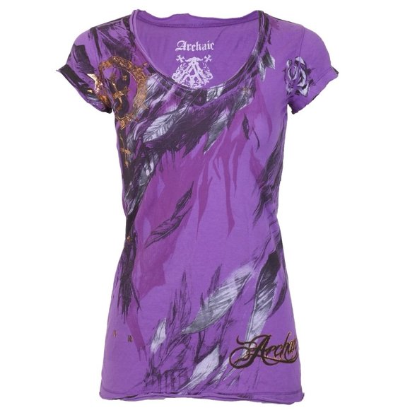 Archaic AFFLICTION Women's T-Shirt SECOND LOVE Feathers PURPLE Tattoo Biker $40 - Picture 2 of 8